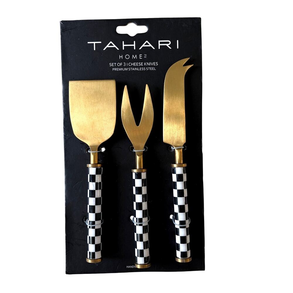 Tahari Home Set of 3 Cheese Knives Black & White Checkered Gold Glam New